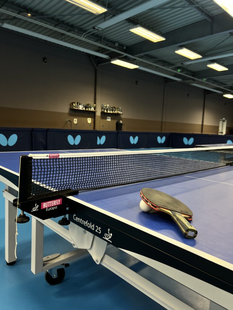 Raquette et balle posées sur une table de tennis de table